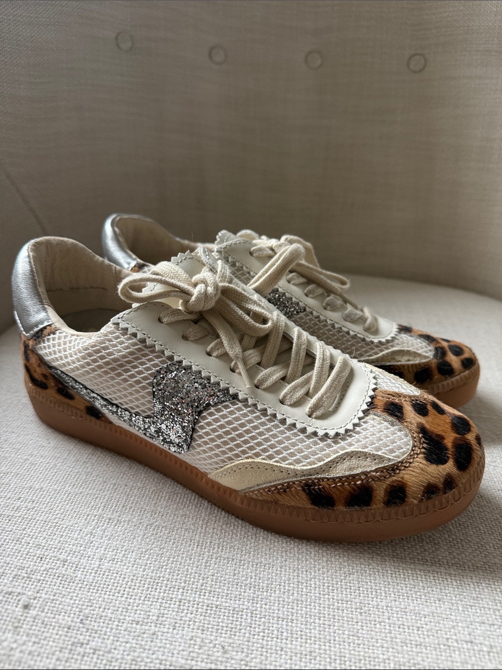 Dolce Vita Cream Mesh & Leopard Low-Top Sneakers with Silver Glitter